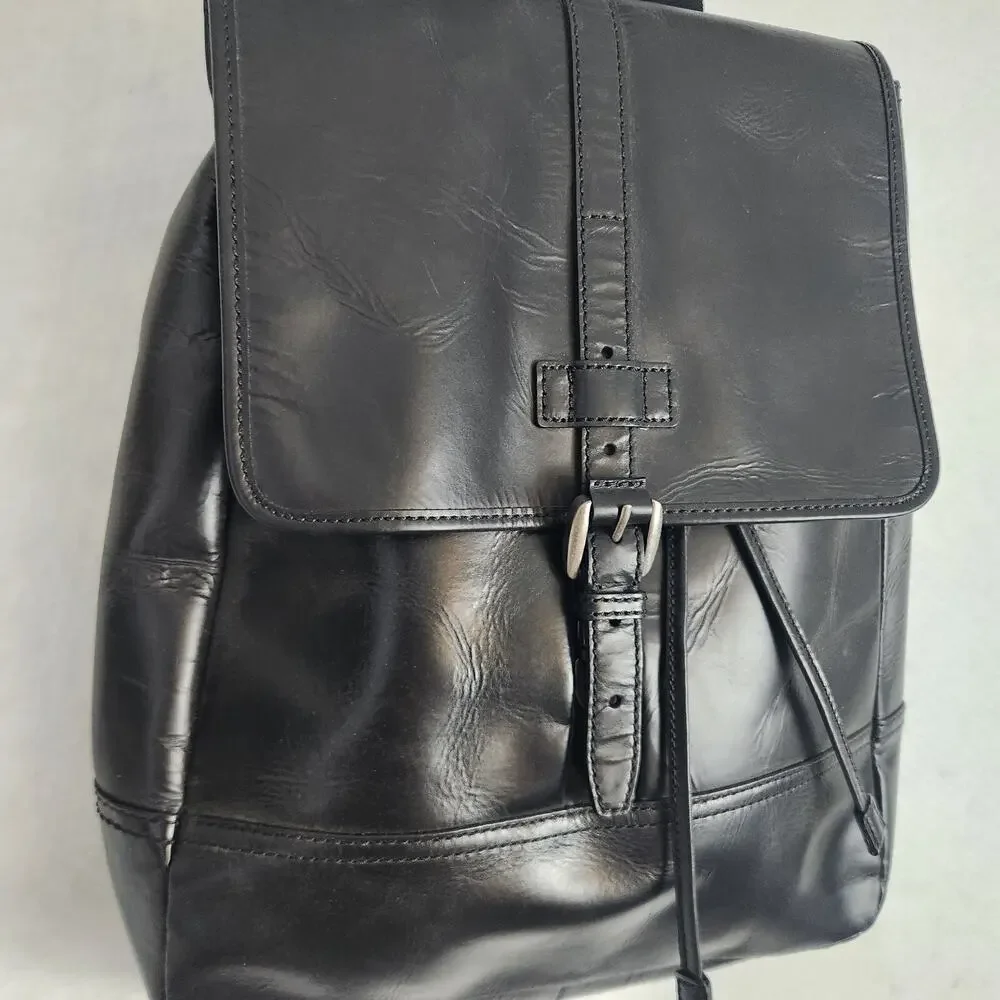 NWT Fossil Rucksack Black Emerson Leather Woven Canvas Straps Tassel Drawstring